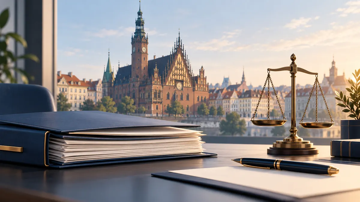 Dokumenty i waga sprawiedliwości na tle Wrocławia