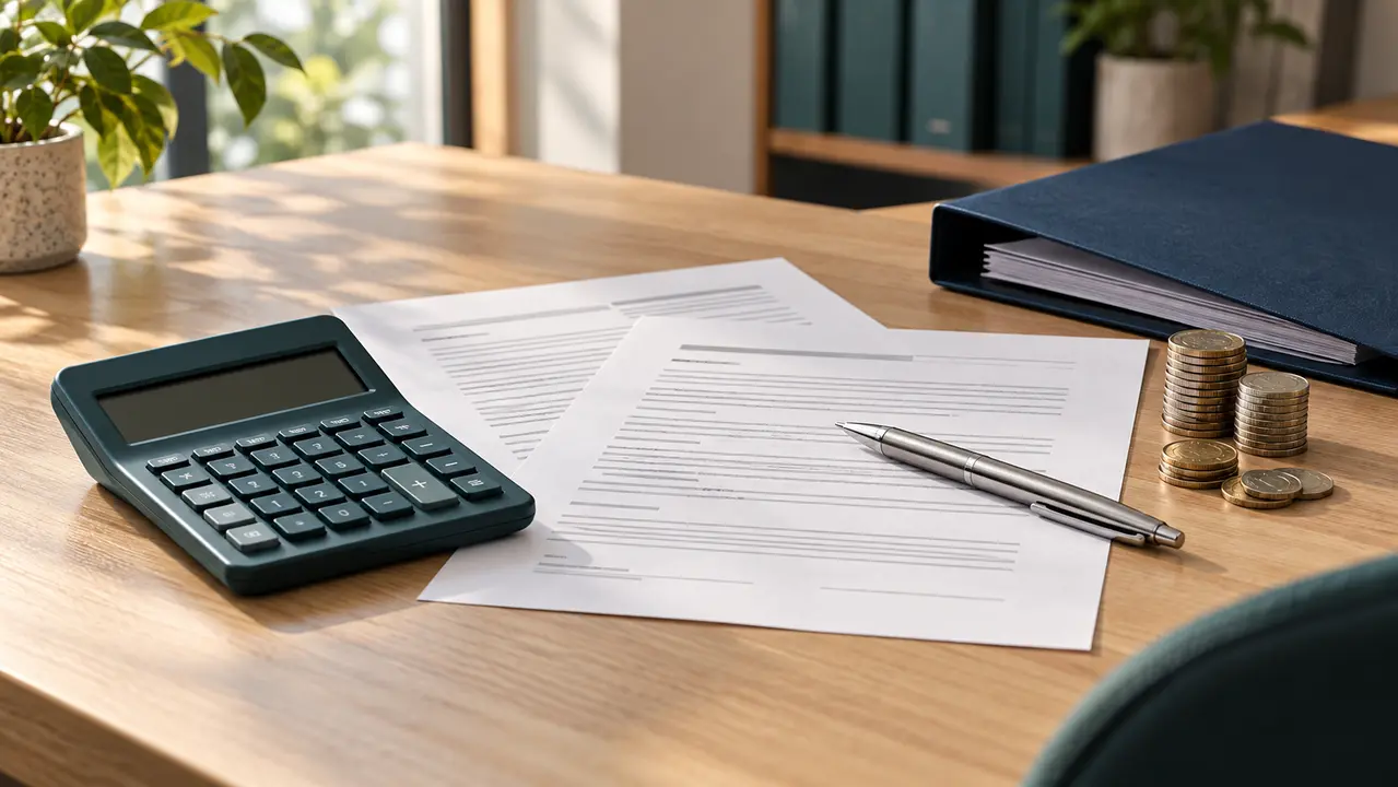 Kalkulator, dokumenty i monety na biurku — analiza kosztu ugody z wierzycielem i podatku PIT.