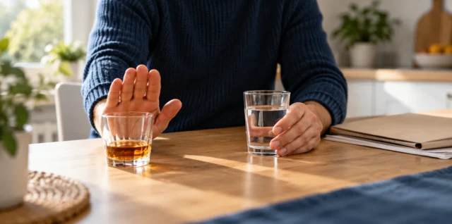 Gest odmowy alkoholu i wybór szklanki wody przy stole z dokumentami.