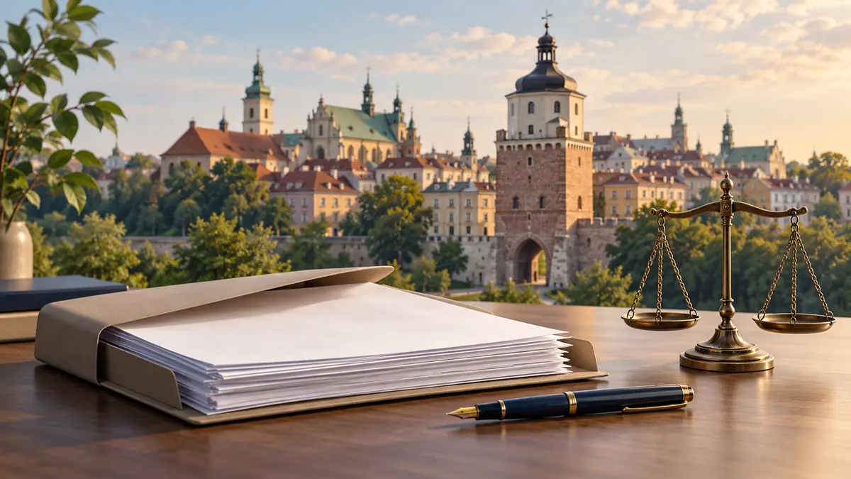 Ilustracja: dokumenty i waga sprawiedliwości na tle zabudowy Lublina